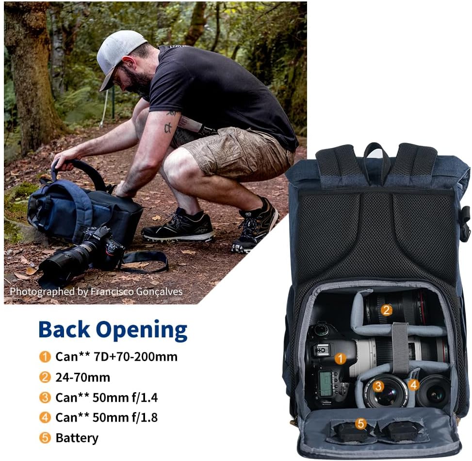 K&F Concept Kamerarucksack Rolltop Fotorucksack Wasserdicht für Spiegelreflexkamera Canon Nikon Sony