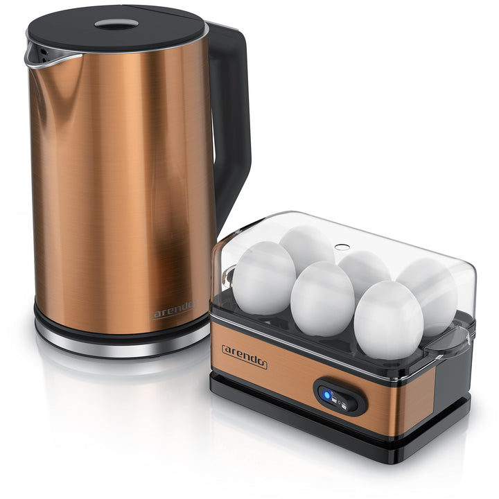 Arendo - SET Wasserkocher ELEGANT mit Eierkocher THREECOOK Edelstahl Kupfer, Wasserkocher 1,5L, 40°