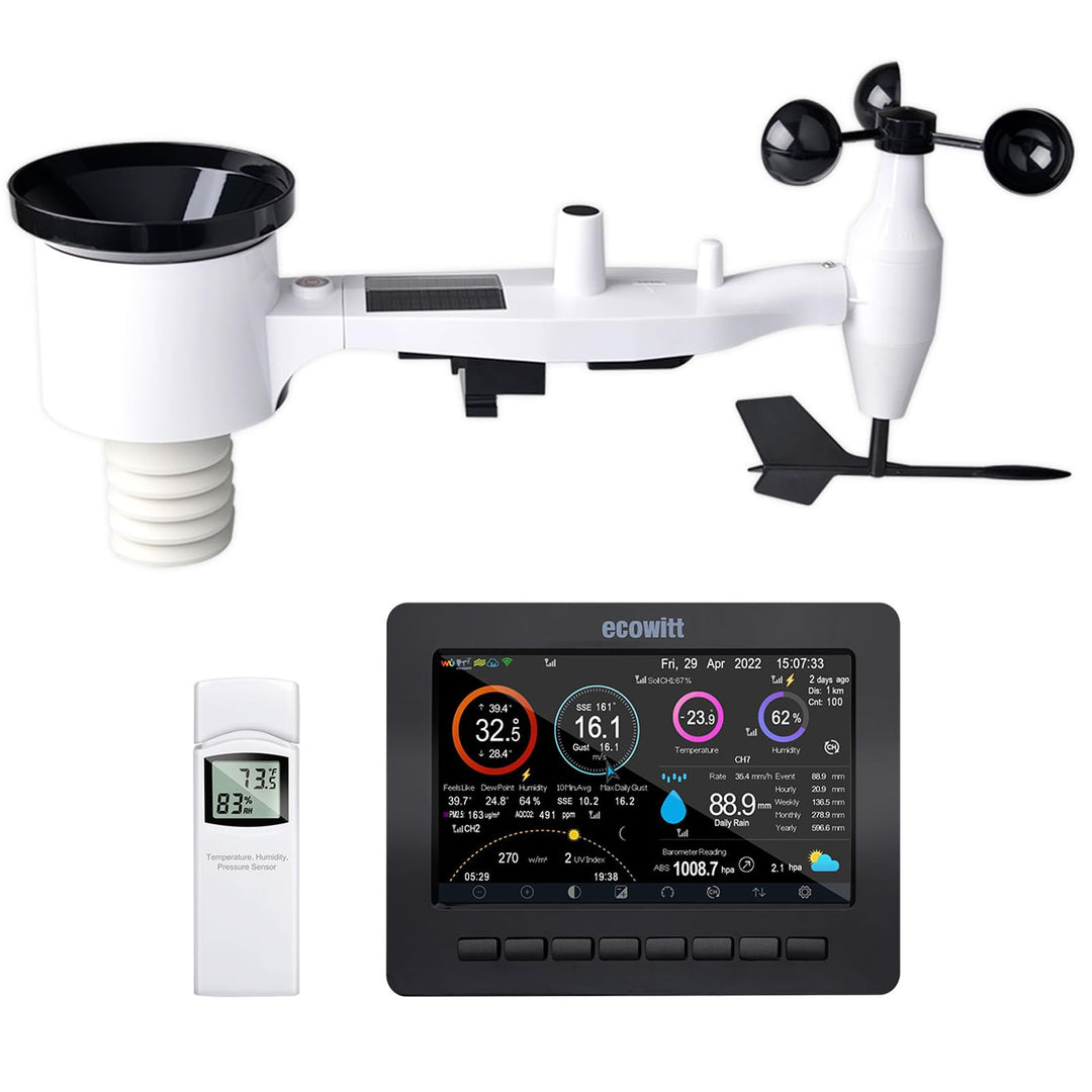 ECOWITT Wetterstation HP2551, 7 Zoll grosse WiFi TFT Farbdisplay Konsole mit den 3-in-1 Innensensore