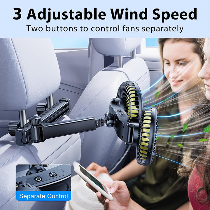 Akku-Ventilator für Auto-Rücksitz mit einziehbarem langem Arm, [Geschenk-Kfz-Ladegerät & USB-C-Kabel