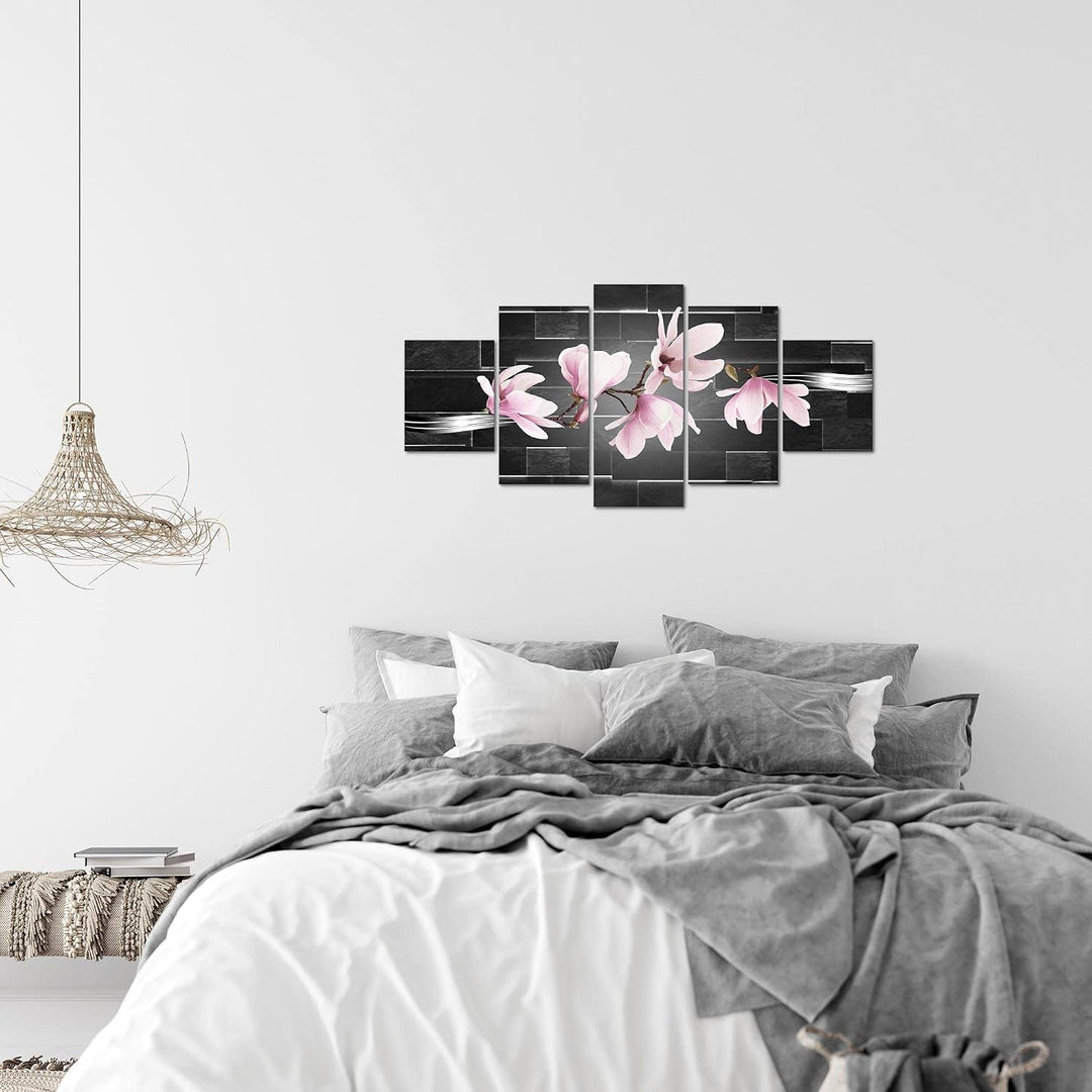 Runa Art Wandbilder Blumen Magnolien 5 Teilig Bild auf Vlies Leinwand Deko Wohnzimmer Ziegel Schwarz