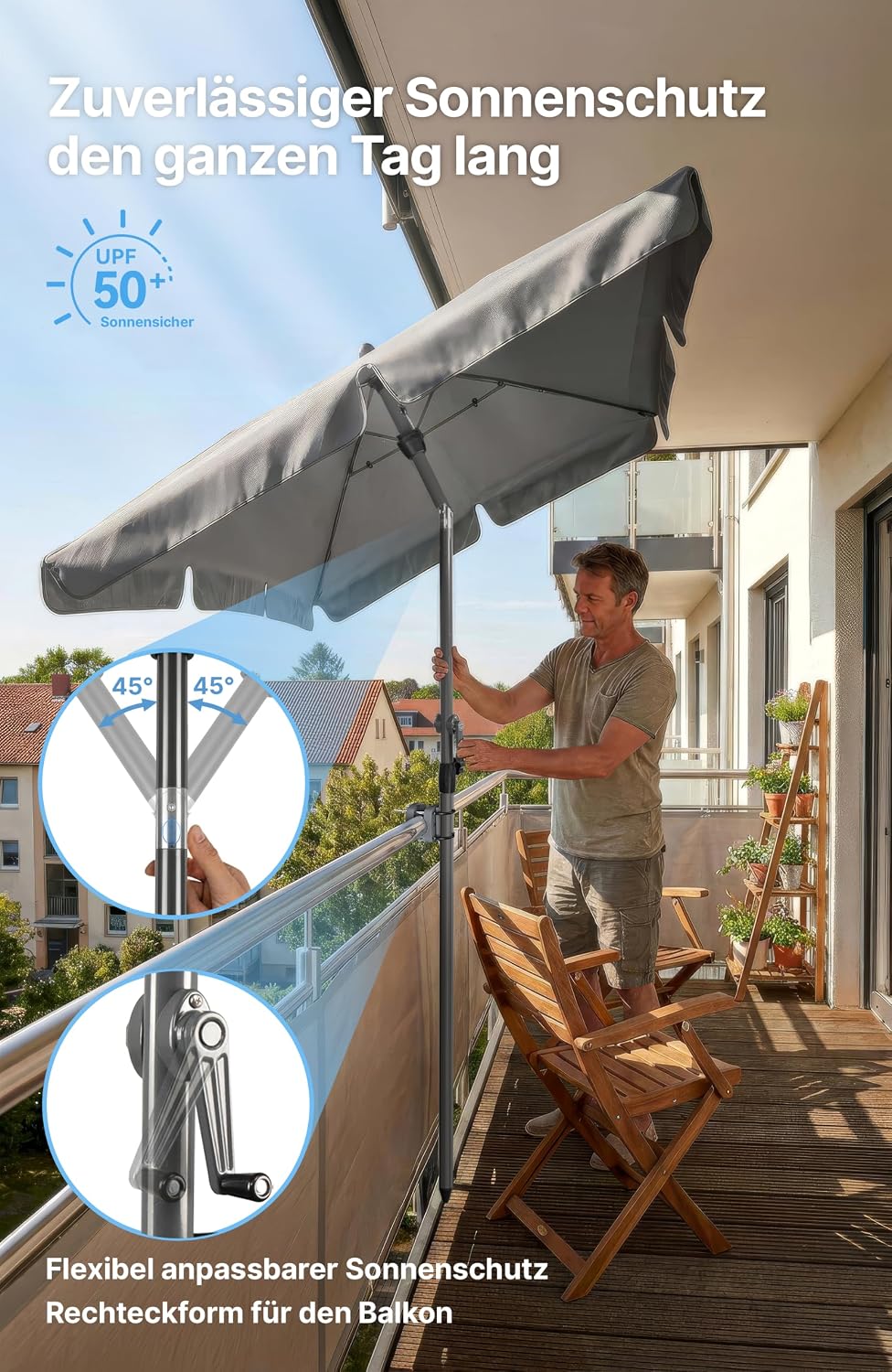 4smile SunnyShade Sonnenschirm Balkon mit Halterung im 3-er-Set, Anthrazit, 200x125 cm, UV 50+, Balk
