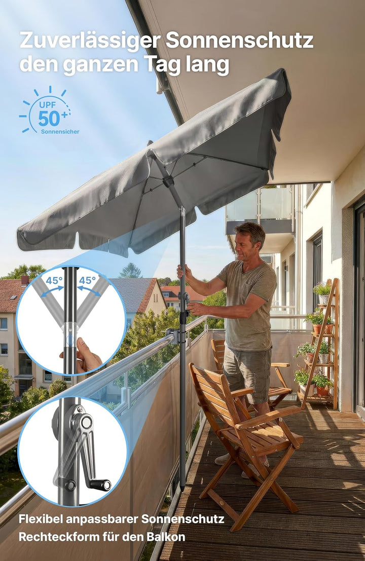 4smile SunnyShade Sonnenschirm Balkon mit Halterung im 3-er-Set, Anthrazit, 200x125 cm, UV 50+, Balk