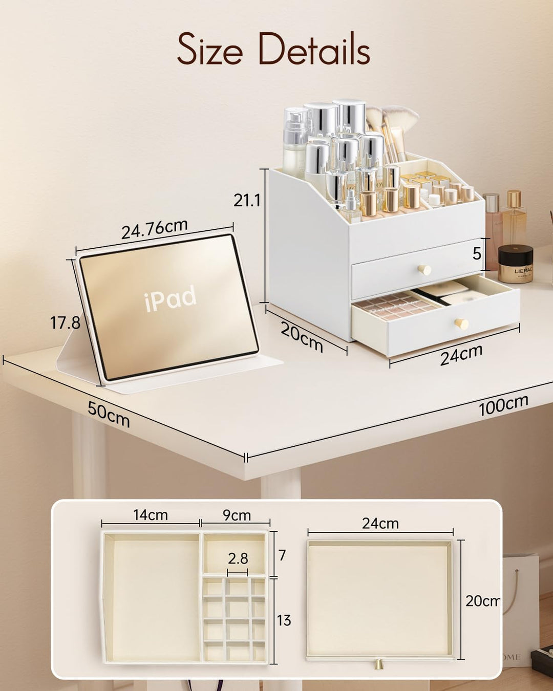 Vlando Make up Organizer mit 3 Schubladen, Schminktisch Organizer, Kosmetik Organizer, Schmink Organ