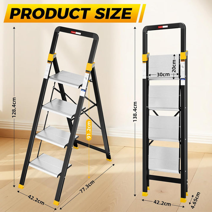 KINGRACK Trittleiter 4 Stufen Klappbar Aluminium, Klappleiter mit Handlauf, Haushaltsleiter Anti-Rut
