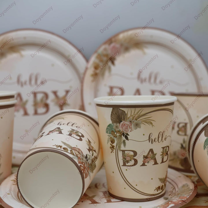 Doyomtoy Boho Baby Shower Partygeschirr,60Stück Baby Shower Papiergeschirr Set - Pappteller Papiertü