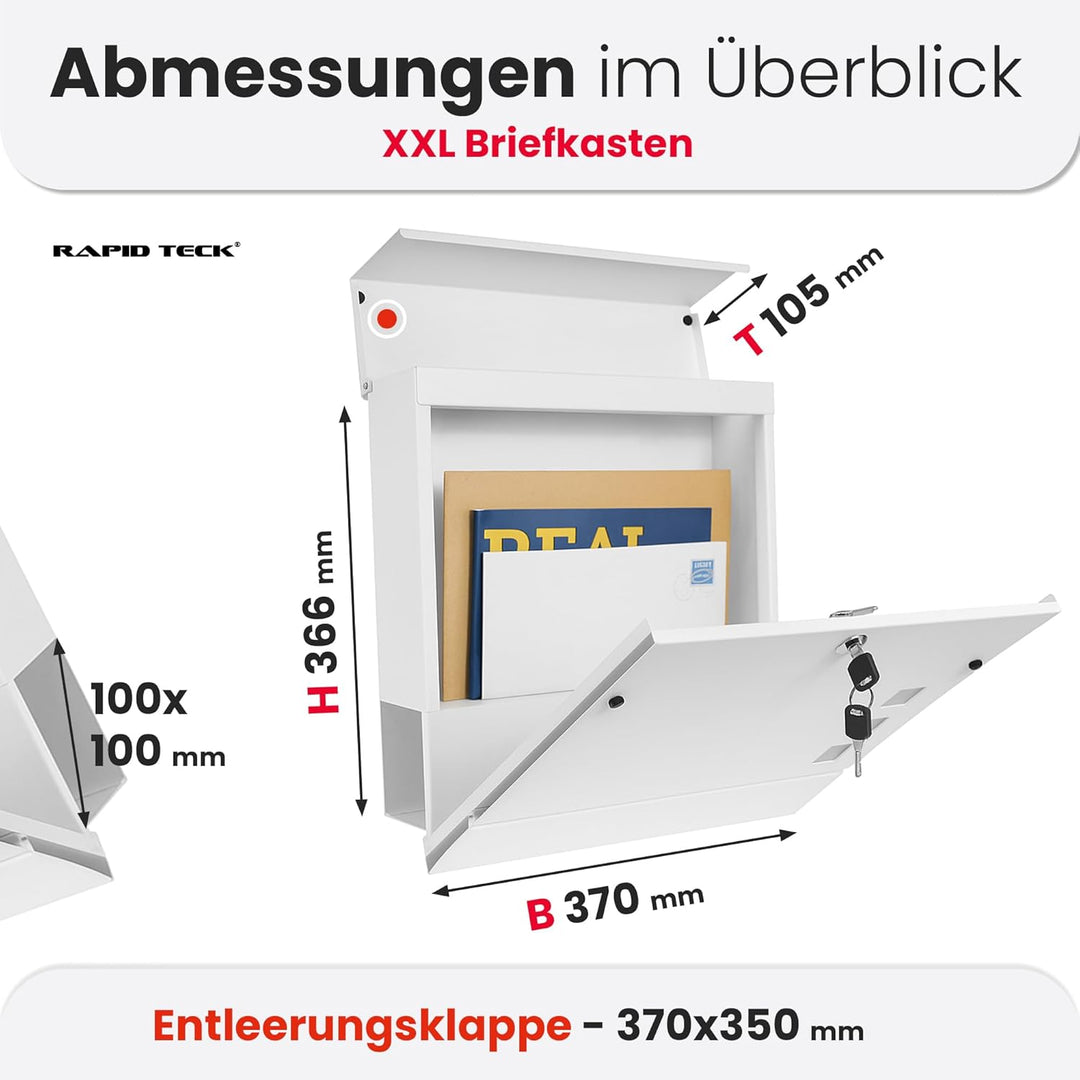 Rapid Teck® Design Briefkasten Modern 2 Weiss Silber mit Zeitungsfach, Stahl Pulverbeschichtet Weiss