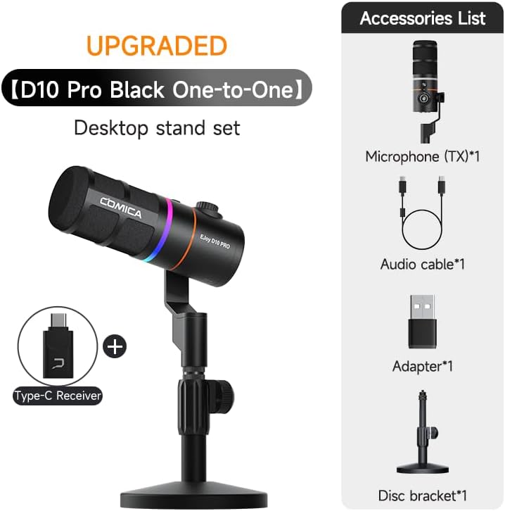 COMICA EJoy D10 Pro Mikrofon Cardioid Dynamisches USB-C/XLR Mikrofon mit 48kHz/24bit, RGB-Beleuchtun