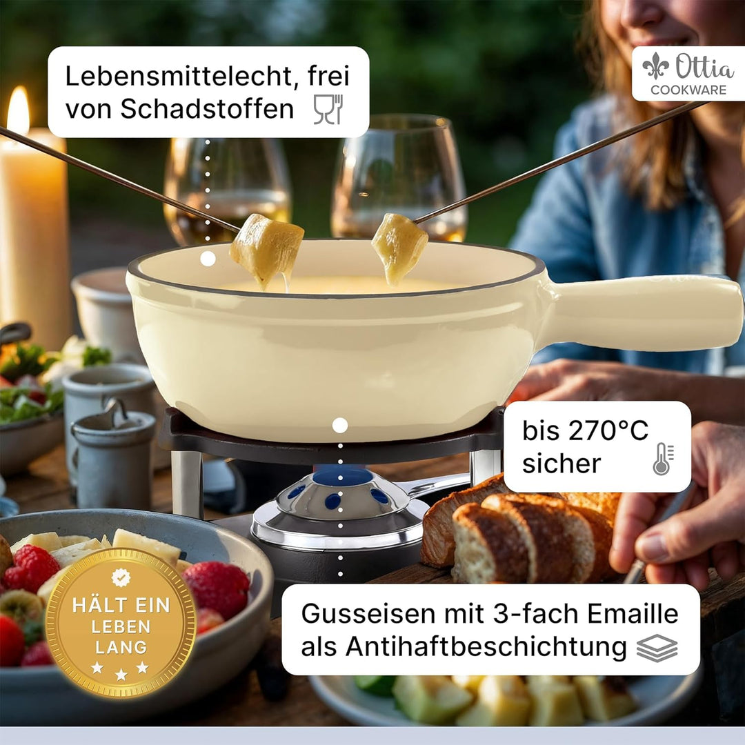 Ottia Fondue Set für 2, 3, 4, 5, 6 Personen aus Gusseisen & Emaille. Als Käsefondue, Fleischfondue,