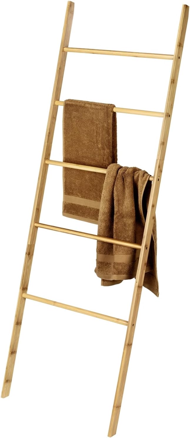WENKO Handtuchleiter Nori, Bambus, mit 5 extra Breiten Handtuchstangen, 57x170x33 cm, Braun, 57 x 17