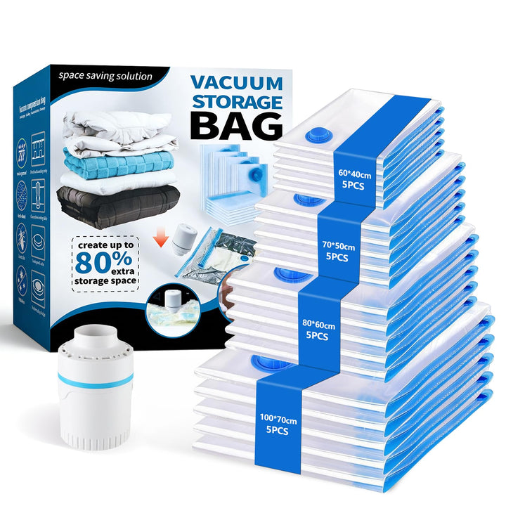 Vakuumbeutel für Kleidung mit Pumpe, 20 Stück Vacuum Bags für Bettdecken,Kleidung,Reise,Kissen, Clot