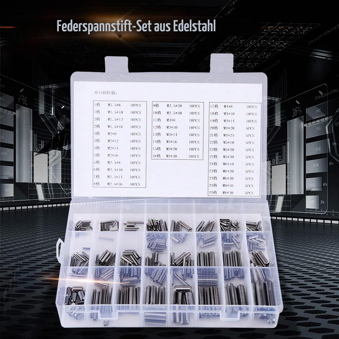 280pcs Spannstifte Federstift Hohlsplinte M1,5 M2 M2,5 M3 M4 M5 M6 M8 Edelstahl Feder Spannhülsen Se