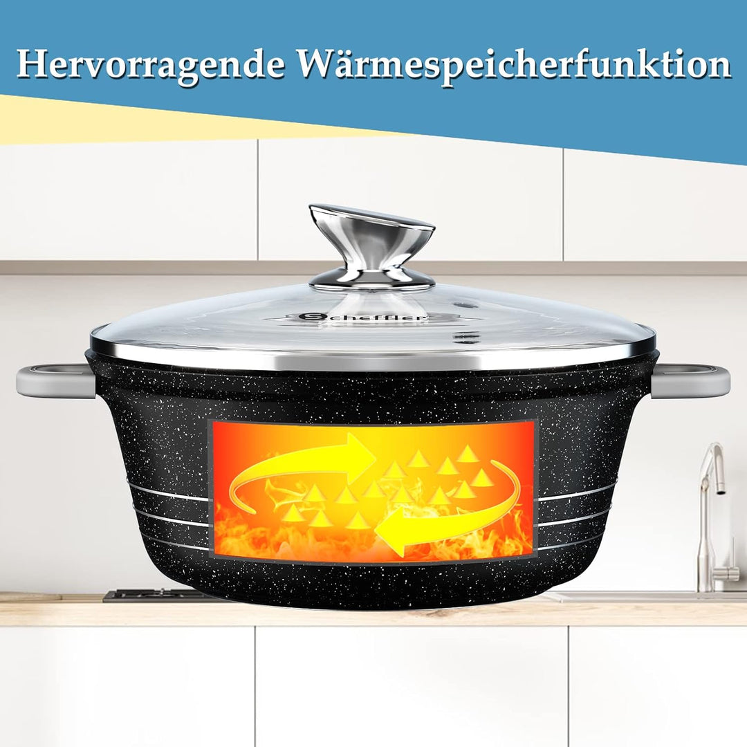Scheffler Topfset mit Glasdeckel, 28cm,6L/32cm,10L, /36cm,14L, Kochtopf Set Induktions Töpfe Set, mi