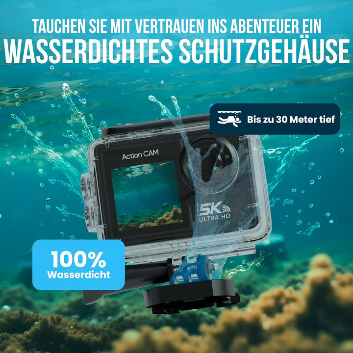 Strex Action Cam 5K 50MP - 60FPS / 30M Wasserdicht/WiFi - Touchscreen – Externes Mikrofon - Inklusiv