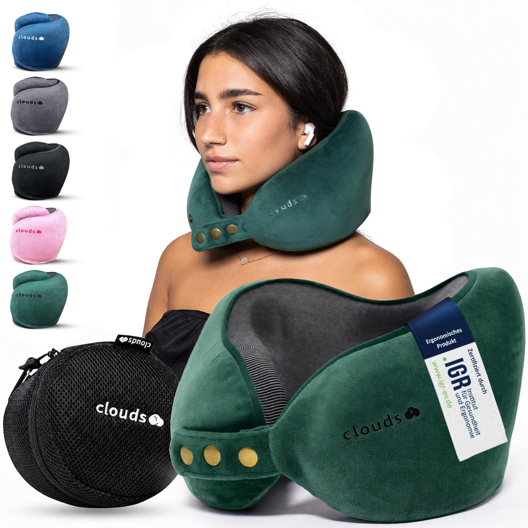 CLOUDS Nackenkissen Flugzeug &amp; Auto – Einstellbares Memory Foam Reisekissen in 2 Grössen für Erwachs
