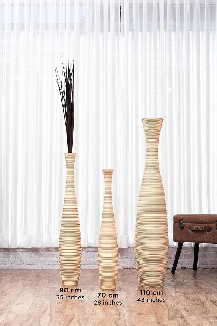 Leewadee Grosse Bodenvase für Dekozweige hohe Standvase Design Holzvase, Holz, 90 cm, Creme 90 cm Cr