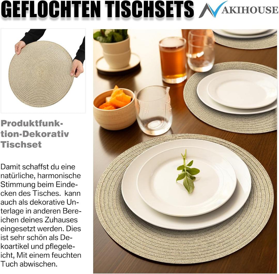 Platzsets Rund Gold Geflochten Tischsets 12er Set Hitzebeständigem Tisch Tischsets Waschbar für Küch