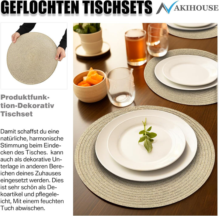 Platzsets Rund Gold Geflochten Tischsets 12er Set Hitzebeständigem Tisch Tischsets Waschbar für Küch