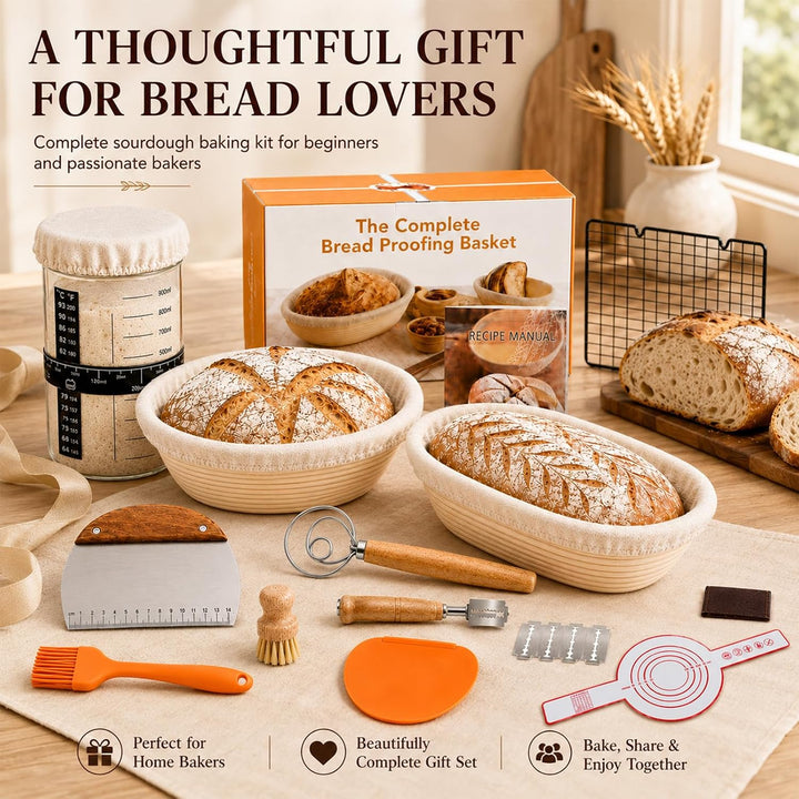 Sauerteig Starter Set mit Gärkörbchen, Komplettset Brot Backen Zubehör | 23 cm Rund &amp; 25 cm Oval Gär