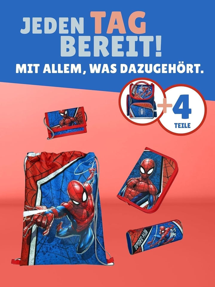 Schulranzen-Set Marvel Spiderman 16 TLG. mit Federmappe, Dose, Flasche, Sporttasche, grosse Schultüt