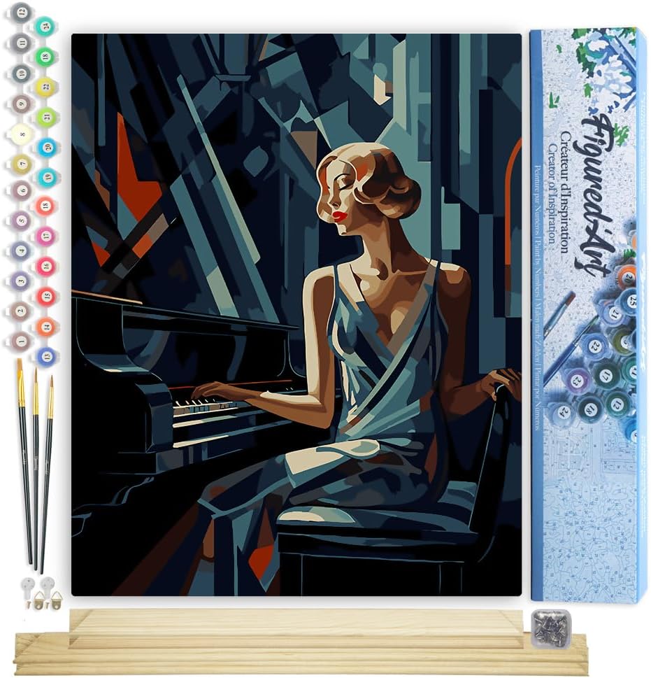Figured'Art Malen Nach Zahlen Erwachsene Mit Rahmen Art-Deco-Frau am Klavier - Paint by Numbers Bast