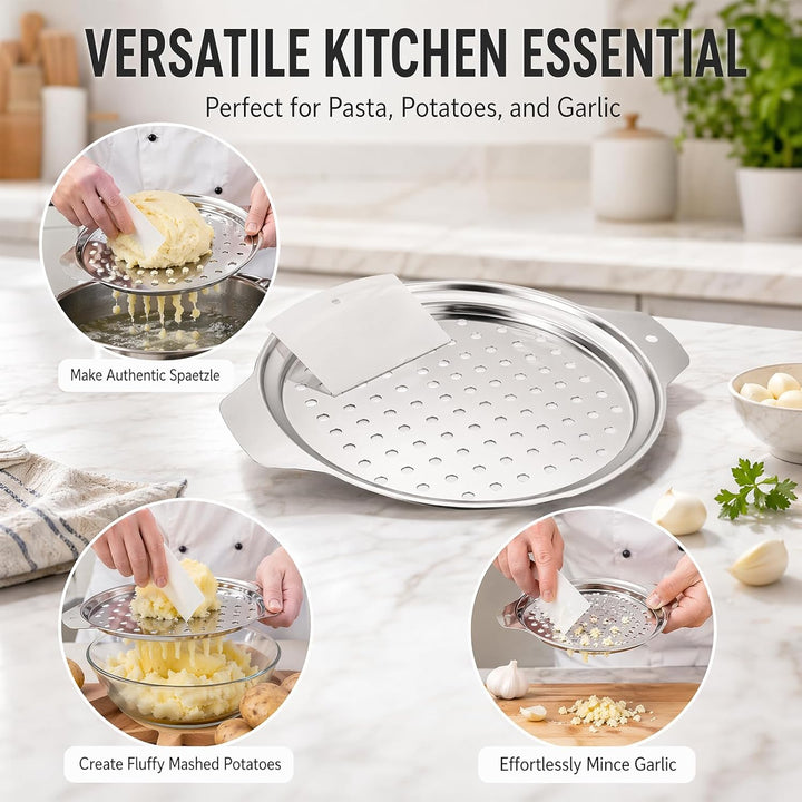 Spätzlepresse Edelstahl, Spätzlereibe und Spätzlehobel Topfaufsatz für 24–28 cm Töpfe mit Schaber, S