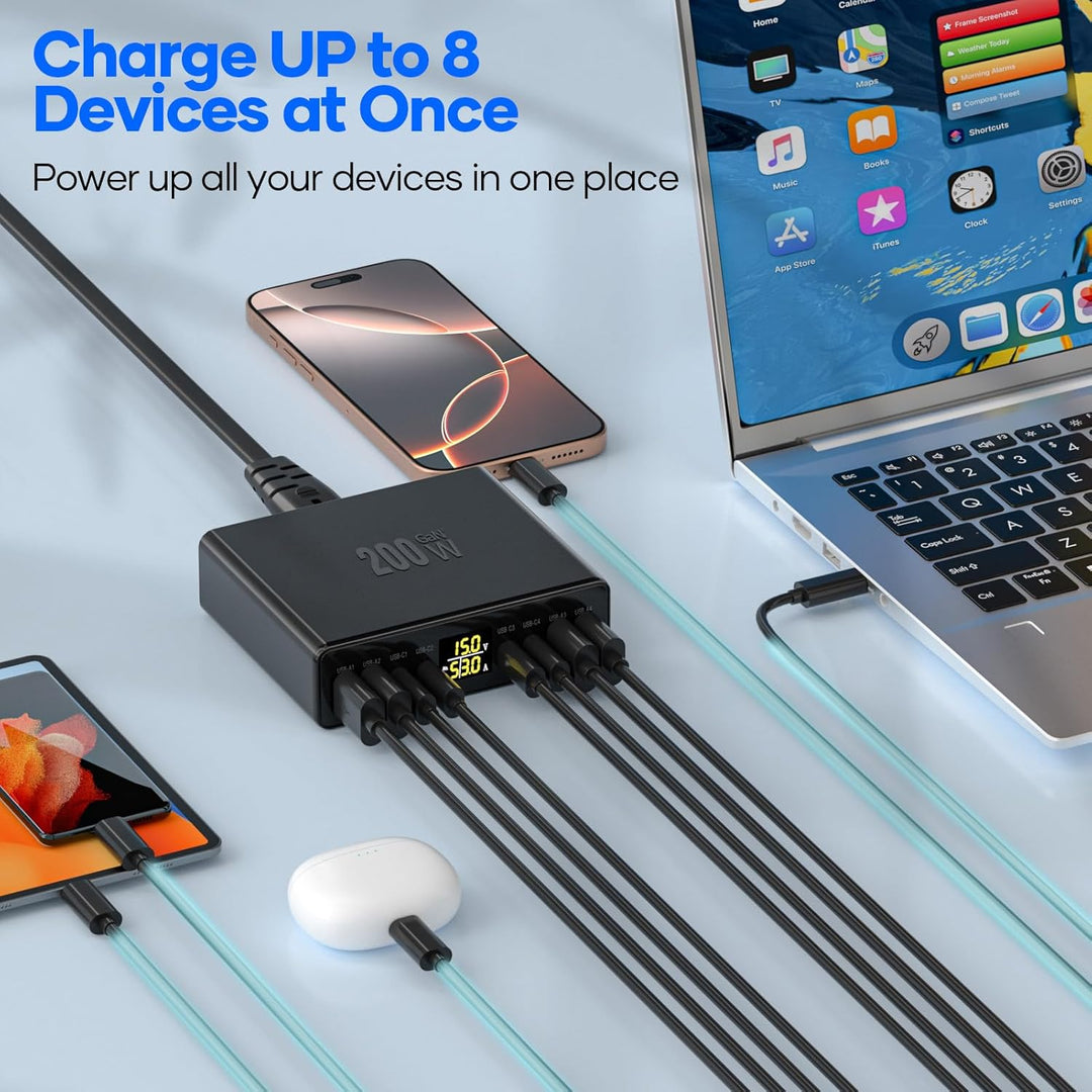 USB C Ladegerät Mehrfach 8-Port mit LED Anzeige, YSYFAD 200W GAN USB Ladestation PPS PD Type C Netzt