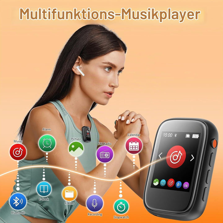 MP3 Player Bluetooth 5.3 mit Clip,Tragbarer Music Player mit Kopfhörer, Lautsprecher, FM-Radio,Sprac
