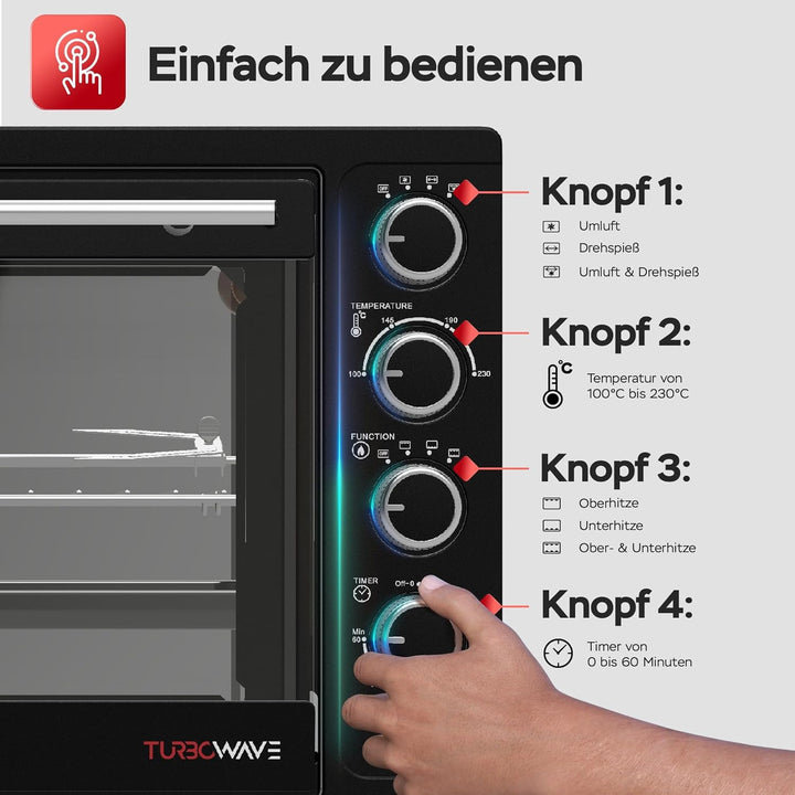 TurboTronic Minibackofen mit Umluft 45L schwarz 2000W, Drehspiess, Timer, Mini Backofen, Pizzaofen,