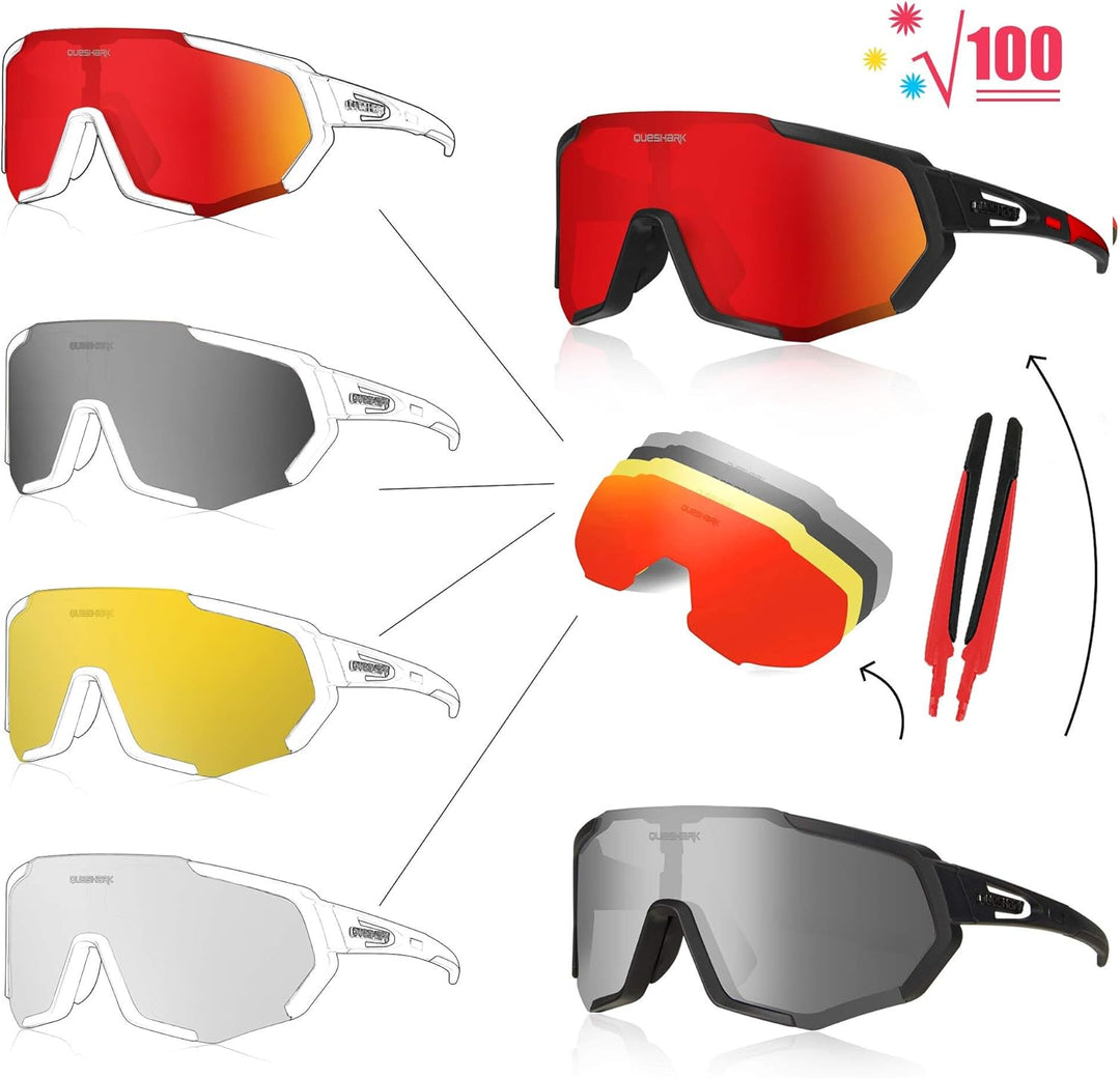 Queshark Sportbrillen Fahrrad Brillen Damen Herren Polarisierte UV400 Schutz mit 5 Wechselgläser Rad