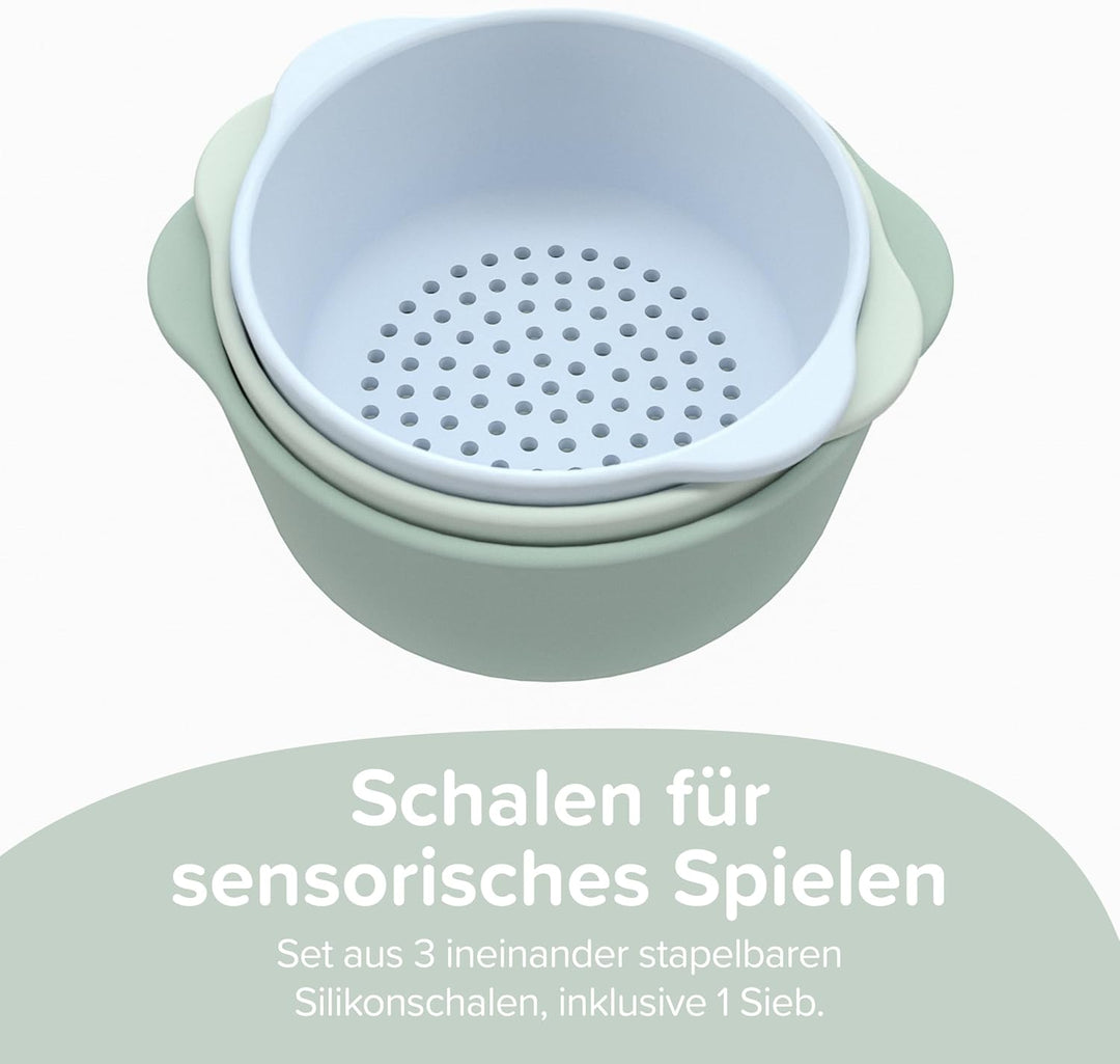 Inspire My Play – 3 x Grün Stapelbare Silikonschalen und Sieb – Perfektes Zubehör für Sensory PlayTr