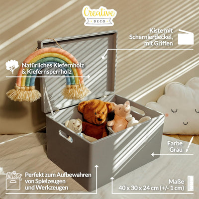 Creative Deco XXL Grau Grosse Holzkiste mit Deckel | 40x30x24 cm (+/-1cm) | Holztruhe Erinnerungsbox
