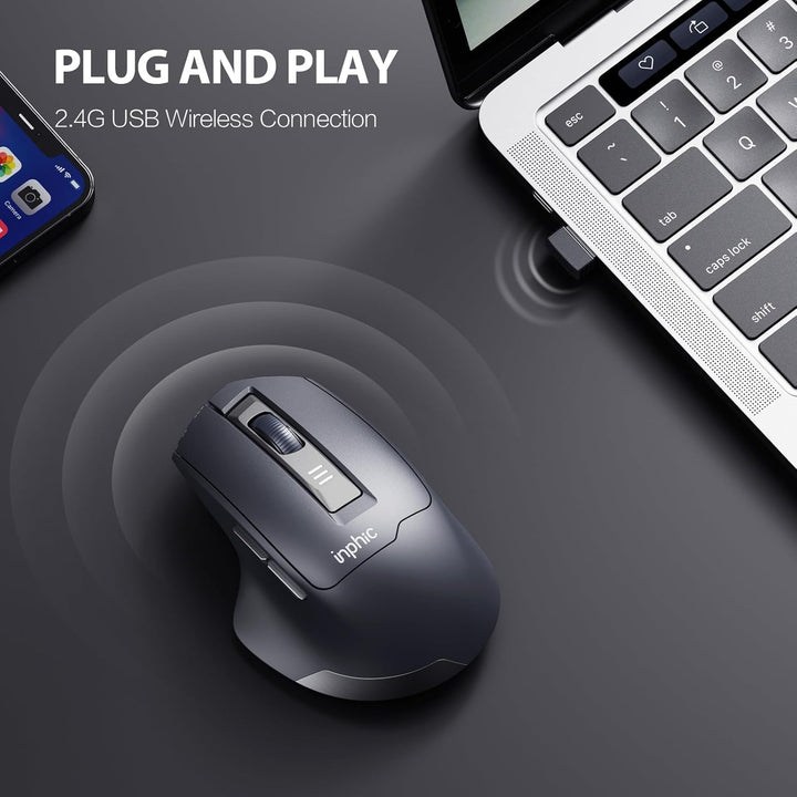 INPHIC M9 Kabellose Maus Wiederaufladbar, Ergonomische 2.4G Schnurlose Maus mit USB Nano Empfänger f