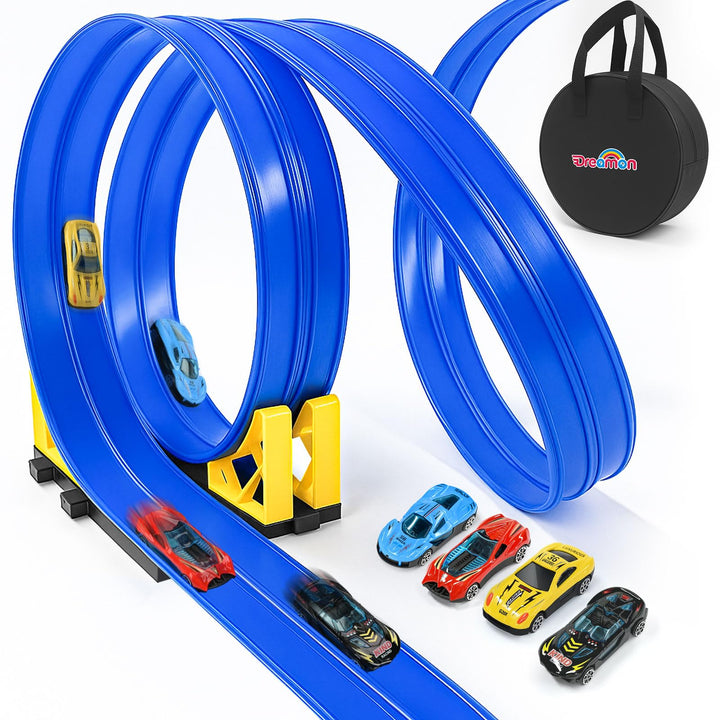 Dreamon Flexible Autorennbahn Kinder 5 Meter Rennbahn Rennstrecke Auto Spielzeug mit 4 Spielzeugauto