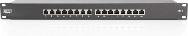 DIGITUS Patchpanel - 19-Zoll - Cat-6 - 16-Port RJ45 - Geschirmt - LSA Patch-Feld - Rack-Montage 1HE
