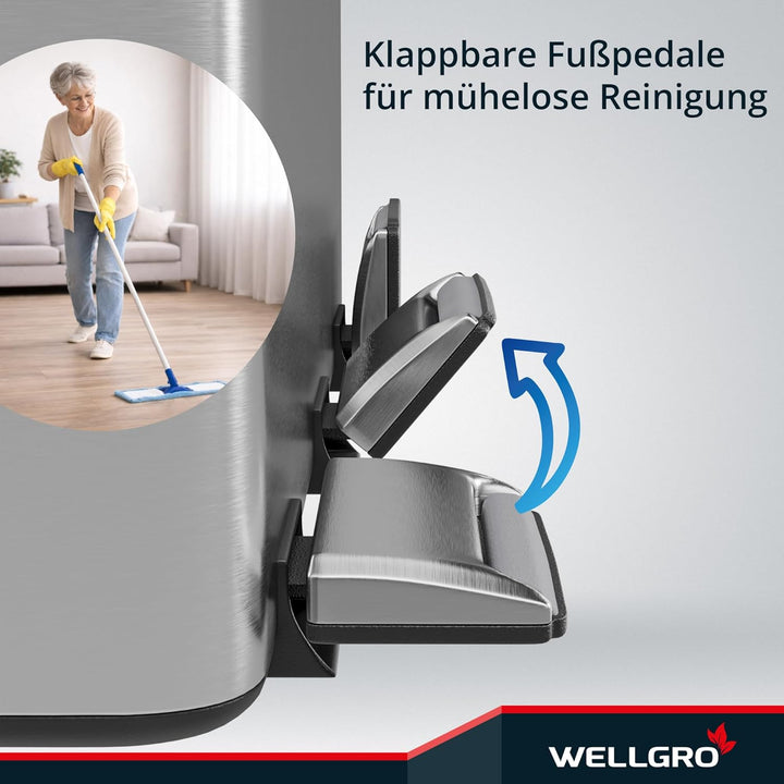 WELLGRO Treteimer, Mülleimer, Edelstahl Tretmülleimer mit 3 x 15 Liter, klappbaren Fusspedalen, Abse