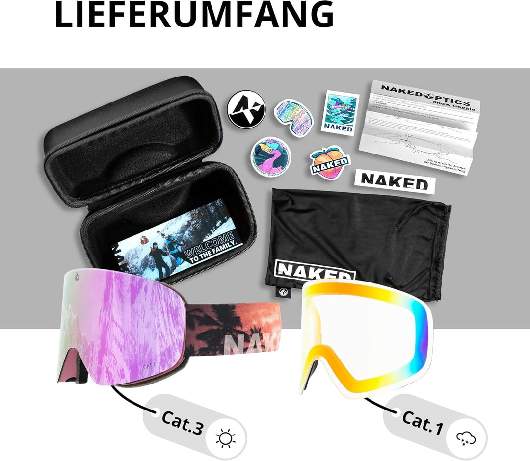 NAKED Optics® Skibrille Snowboard Brille für Damen und Herren - Verspiegelt mit Magnet-Wechselsystem