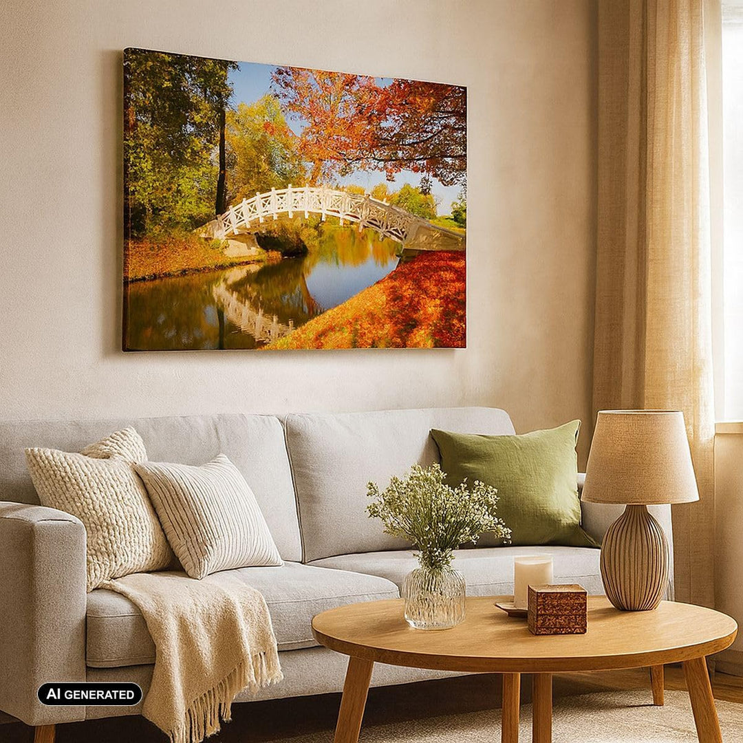 Bilder auf Leinwand 100x70cm Leinwandbild Stream Fussgängerbrücke Herbst Gross Wanddeko Bild Schlafz