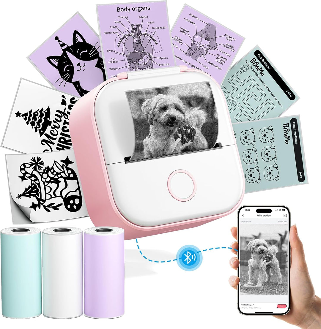Phomemo Mini Etikettendrucker,T02 Sticker Fotodrucker für Smartphone,Handy Thermodrucker klein mit 3