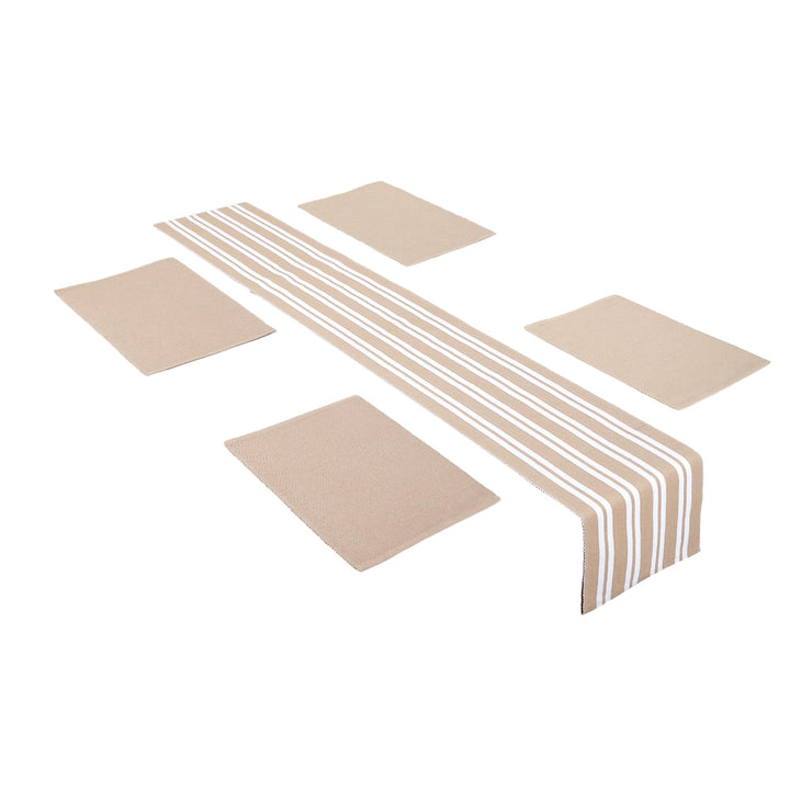 Encasa Speiseset (4 Placemats in + 1 Tischläufer) | Franca Beige | Gerippte Baumwolle | Über 20 Mode