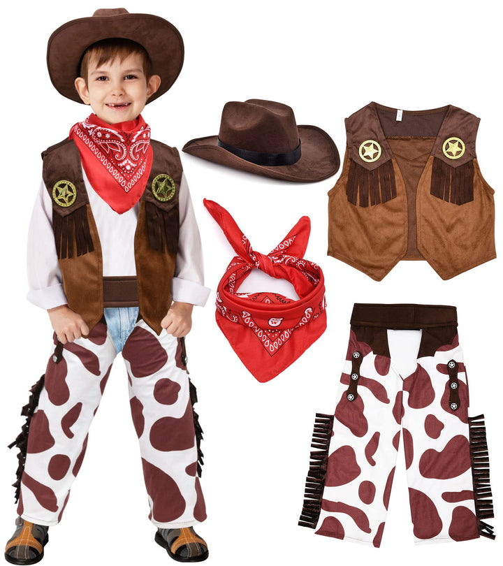 Tacobear Cowboy Kostüm Kinder mit Bandana Halstuch Hut Weste Hose Western Cowboy Cosplay Set Faschin