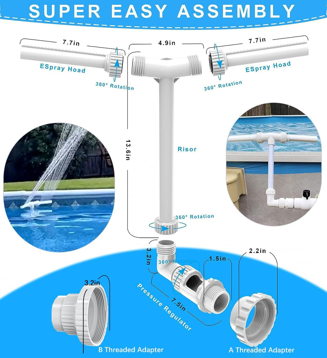 Wasserbrunnen Dual Spray Einstellbarer Pool Wasserfall Brunnen mit Adapter Belüfter für Über Ingroun