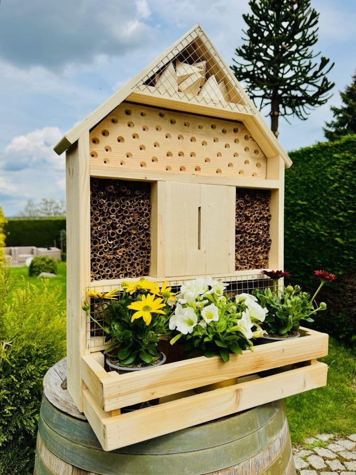 handgefertigtes Insektenhotel XL Wildbienen Nisthilfe I Insektenhaus mit Blumenkasten aus Holz und S
