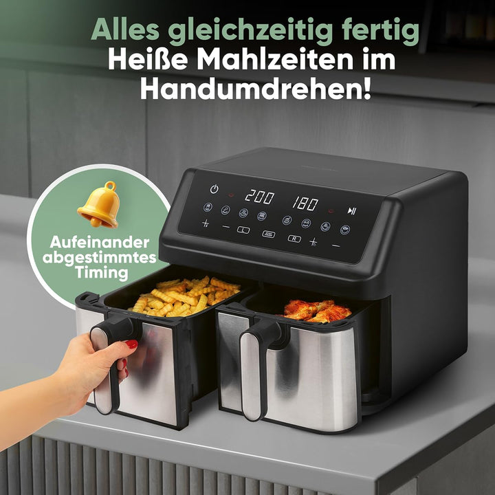ProfiCook® Heissluftfritteuse 2 Kammern | Airfryer | 9 Liter | Heissluftfritteuse mit Zeitgleich-fer