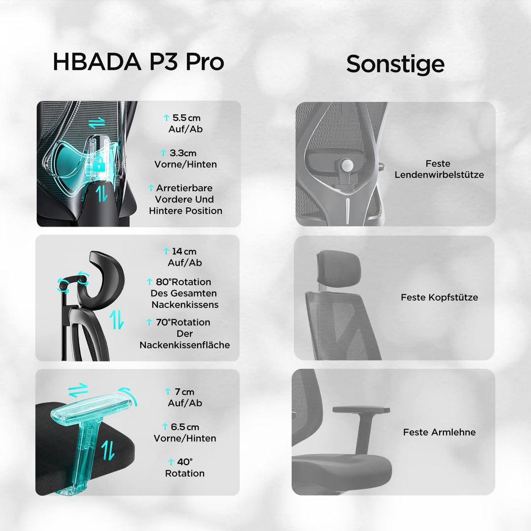 Hbada E1 Bürostuhl Ergonomisch, Schreibtischstuhl mit Verstellbarer Kopfstütze,Lendenwirbelstütze, G