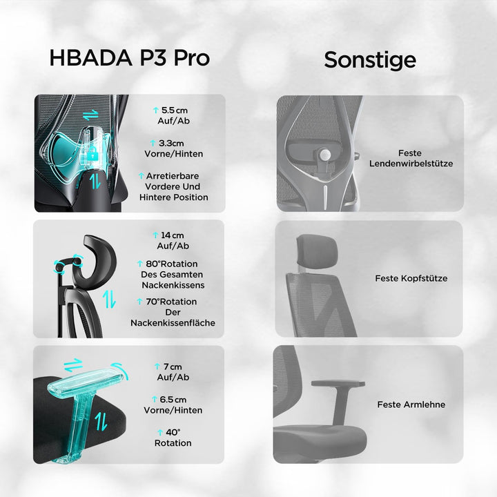 Hbada E1 Bürostuhl Ergonomisch, Schreibtischstuhl mit Verstellbarer Kopfstütze,Lendenwirbelstütze, G