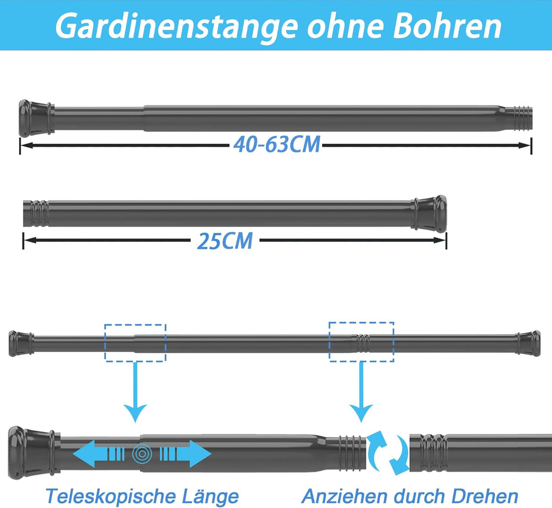 1Stück Gardinenstange Ohne Bohren Duschstange Ausziehbare Kleiderstange für Fenster, Kleiderschrank,