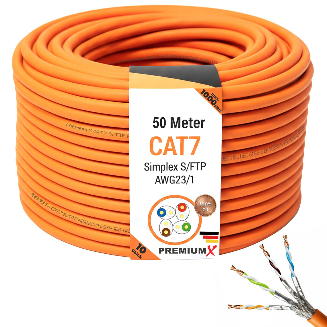 PremiumX 50m CAT 7 Netzwerkkabel Simplex LAN-Kabel Ethernet Datenkabel S/FTP PiMF PoE Eca Cat7 Verle