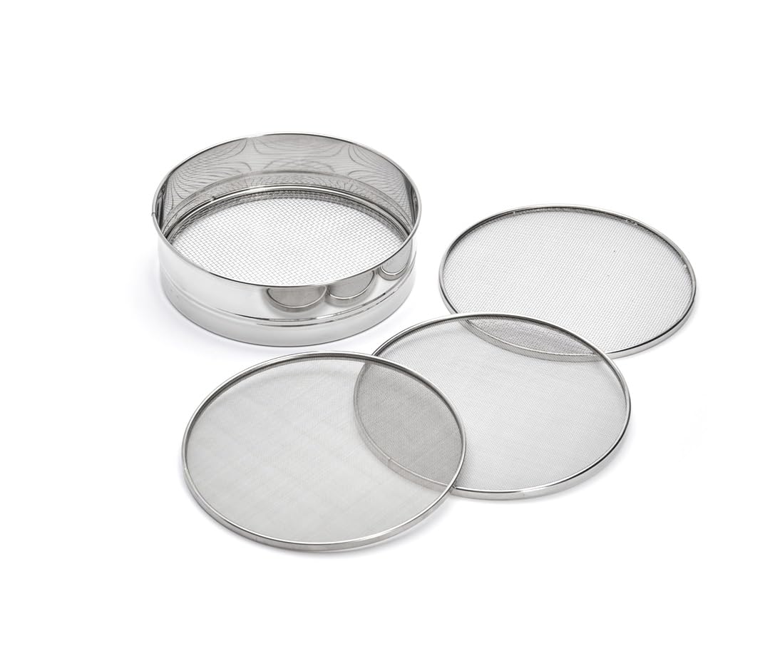 De Buyer - Edelstahlsieb mit 4 auswechselbaren Siebeinsätzen (3mm/ 2mm/ 1mm/ 0,5mm Durchmesser) - 46