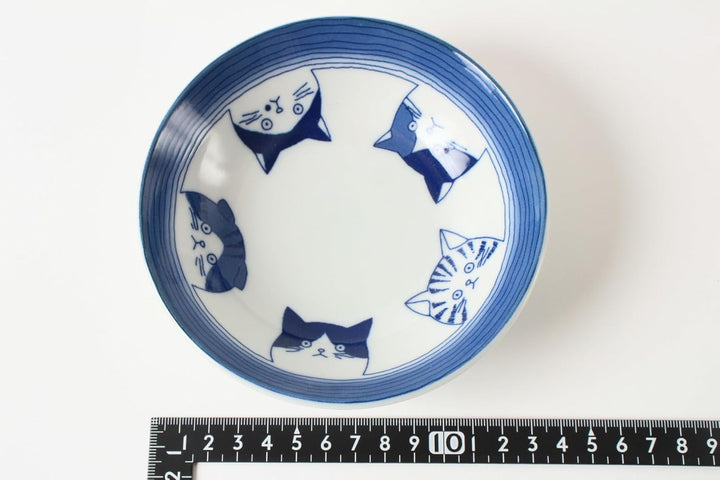 Mino ware GBS204 japanische Keramikteller, rund, fünf Katzengesichter, Weiss und Blau, hergestellt i